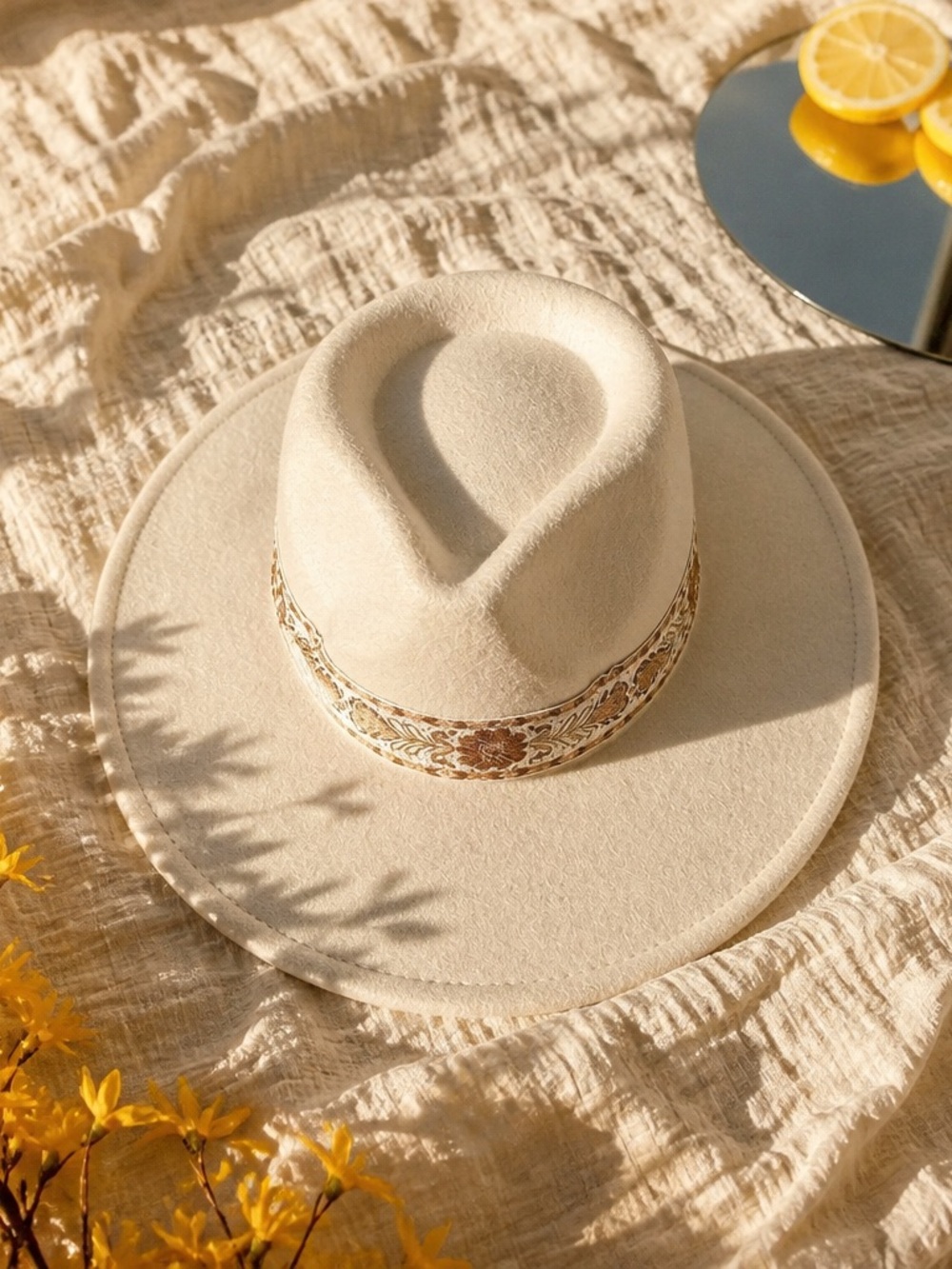 Women’s Cream Wide-Brim Fedora Hat with Decorative Band
